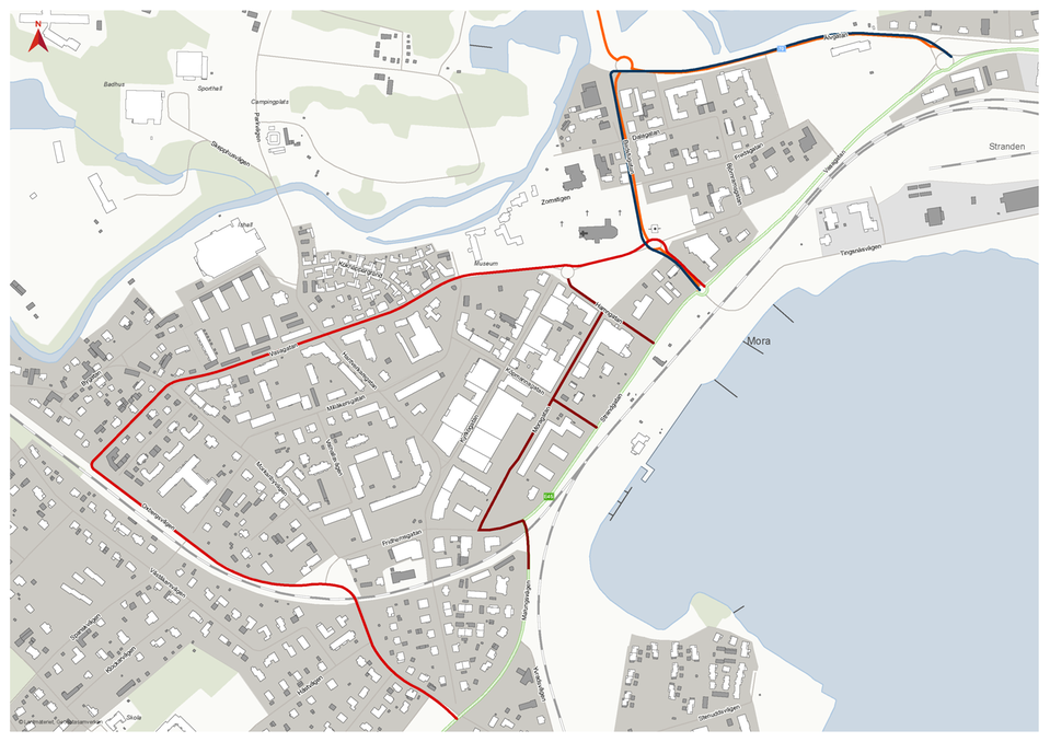 Karta med kommunala omledningsvägar färgmarkerade. Bild: Trafikverket.